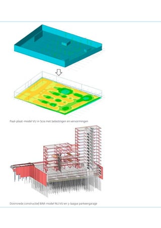 Paal-plaat-model VU in Scia met belastingen en vervormingen
Doorsnede constructief BIM-model NU.VU en 3-laagse parkeergarage
 
