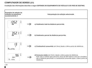 1.26
COMPUTADOR DE BORDO (2/3)
Exemplos de seleção da
exibição ao pressionar
sucessivamente 2
Interpretação da exibição selecionada
26047
a) Hodômetro total da distância percorrida.
26048
b) Hodômetro parcial da distância percorrida.
26049
c) Combustível consumido (em litros) desde o último ponto de referência.
d) Consumo médio (em Km/L) desde o último ponto de referência.
Este valor é exibido após percorrer cerca de 400 metros e leva em considera-
ção a distância percorrida e o combustível consumido após o último ponto de
referência.
A exibição das informações descritas a seguir DEPENDE DO EQUIPAMENTO DO VEÍCULO E DO PAÍS DE DESTINO.
 