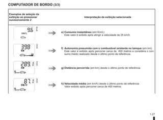 1.27
COMPUTADOR DE BORDO (3/3)
Exemplos de seleção da
exibição ao pressionar
sucessivamente 2
Interpretação da exibição selecionada
e) Consumo instantâneo (em Km/L)
Este valor é exibido após atingir a velocidade de 25 km/h.
26043
f) Autonomia presumida com o combustível existente no tamque (em km).
Este valor é exibido após percorrer cerca de 400 metros e considera o con-
sumo médio realizado desde o último ponto de referência.
26044
g) Distância percorrida (em km) desde o último ponto de referência.
26045
h) Velocidade média (em km/h) desde o último ponto de referência
Valor exibido após percorrer cerca de 400 metros.
 