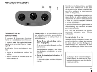 3.9
AR CONDICIONADO (4/4)
Comandos do ar
condicionado
O comando C determina o funciona-
mento ou a parada do ar condicionado.
O sistema não entra em funciona-
mento se o comando C estiver na po-
sição 0.
A utilização do ar condicionado per-
mite:
– baixar a temperatura interior da
cabine;
– reduzir o índice de umidade do ar de
entrar na cabine.
Com tempo muito quente ou quando o
veículo ficou estacionado ao sol, abra
as portas durante alguns instantes para
permitir a saída do ar superaquecido
antes de dar partida.
Para baixar mais rapidamente a tempe-
ratura dentro da cabine, utilize a função
“isolamento da cabine”. Uma vez obtido
o nível de conforto desejado, desative
a função reciclagem.
Com o ar condicionado ligado, todos os
vidros devem ser mantidos fechados
para maior eficácia.
Em caso de anomalias de funcio-
namento, consulte uma Oficina
Autorizada.
Sem produção de ar frio
Verifique o posicionamento correto dos
comandos e o bom estado dos fusíveis.
Se tudo estiver correto, desligue o ar
condicionado (luz indicadora D apa-
gada) e chame uma Oficina Autorizada
C D
Observação: o ar condicionado pode
ser utilizado em todas as condições,
mas não funciona se a temperatura ex-
terna for baixa.
– Tecla C não ativada (luz indica-
dora D apagada)
O ar condicionado não está em fun-
cionamento.
As regulagens passam a ser idênti-
cas às de um veículo sem ar condi-
cionado.
– Tecla B ativada (luz indicadora D
acesa)
O ar condicionado está em funciona-
mento.
A utilização do ar condicionado pro-
voca aumento do consumo de com-
bustível (desligue-o quando não for
mais necessário).
 