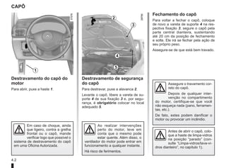 4.2
Assegure o travamento cor-
reto do capô.
Depois de qualquer inter-
venção no compartimento
do motor, certifique-se que você
não esqueça nada (pano, ferramen-
tas, etc.).
De fato, estes podem danificar o
motor ou provocar um incêndio.
Destravamento de segurança
do capô
Para destravar, puxe a alavanca 2.
Levante o capô, libere a vareta de su-
porte 4 de sua fixação 3 e, por segu-
rança, é obrigatório colocar no local
adequado 5.
Destravamento do capô do
motor
Para abrir, puxe a haste 1.
CAPÔ
Ao realizar intervenções
perto do motor, leve em
conta que o mesmo pode
estar quente. Além disso, o
ventilador do motor pode entrar em
funcionamento a qualquer instante.
Há risco de ferimentos.
Em caso de choque, ainda
que ligeiro, contra a grelha
frontal ou o capô, mande
verificar logo que possível o
sistema de destravamento do capô
em uma Oficina Autorizada.
Antes de abrir o capô, colo-
que a haste de limpa-vidros
na posição “parado” (con-
sulte “Limpa-vidros/lava-vi-
dros dianteiro”, no capítulo 1).
1
2
3
4
5
Fechamento do capô
Para voltar a fechar o capô, coloque
de novo a vareta de suporte 4 na res-
pectiva fixação 3, segure o capô pela
parte central dianteira, sustentando
até 20 cm da posição de fechamento
e solte. Ele irá se fechar pela ação de
seu próprio peso.
Assegure-se de que está bem travado.
 