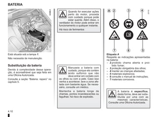 4.10
Está situada sob a tampa 1.
Não necessita de manutenção.
Substituição da bateria
Devido à complexidade dessa opera-
ção, é aconselhável que seja feita em
uma Oficina Autorizada.
Consulte a seção “Bateria: reparo” no
capítulo 5.
Etiqueta A
Respeite as indicações apresentadas
na bateria:
– 2 
proibido chama aberta e proi-
bido fumar;
– 3 proteção obrigatória dos olhos;
– 4 manter as crianças afastadas;
– 5 materiais explosivos;
– 6 consulte o manual de instruções;
– 7 materiais corrosivos.
BATERIA
1
2
Manuseie a bateria com
cuidado, porque ela contém
ácido sulfúrico que não
deve entrar em contato com
os olhos ou com a pele. Caso isso
venha a acontecer, lave a zona afe-
tada com bastante água. Se neces-
sário, consulte um médico.
Mantenha a bateria longe de
chamas, pontos incandescentes ou
fagulhas: há risco de explosão.
A bateria é específica,
desta forma, deve ser subs-
tituída por uma com as
mesmas características.
Consulte uma Oficina Autorizada.
A 2 3 4
5
6
7
Quando for executar ações
perto do motor, proceda
com cuidado porque pode
estar quente. Além disso, o
ventilador do motor pode entrar em
funcionamento a qualquer instante.
Há risco de ferimentos
 