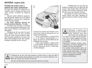 5.14
BATERIA: reparo (2/2)
Partida do motor com a
bateria de outro automóvel
Se, para dar partida no motor for ne-
cessário usar a energia da bateria de
outro veículo, proceda da seguinte
forma:
– Adquira cabos elétricos apropria-
dos (de grande seção) em uma Oficina
Autorizada ou, se já os tiver, assegure-
se do seu bom estado.
– As duas baterias devem ter
tensão nominal idêntica: 12 volts.
– A bateria que fornece a corrente
deve ter capacidade (ampère-hora, Ah)
pelo menos idêntica à da bateria des-
carregada.
– Assegure-se de que não há qual-
quer contato entre os dois veículos
(risco de curto circuito durante a liga-
ção dos polos positivos) e de que a ba-
teria descarregada está bem ligada.
Desligue a ignição do seu veículo.
O motor do veículo que fornece a cor-
rente deve estar funcionando em um
regime intermediário.
– Fixe o cabo positivo (+) A ao borne
(+) 1 da bateria descarregada e, a
seguir, ao borne (+) 2 da bateria de ali-
mentação de corrente.
– Fixe o cabo negativo (–) B ao borne
(–) 3 da bateria de alimentação de cor-
rente e, depois, ao borne (–) 4 da bate-
ria descarregada.
– Certifique-se de que não há
qualquer contato entre os cabos A e B
e que o cabo positivo A(+) não está em
contato com nenhum elemento metá-
lico do veículo que fornece energia.
– Dê partida no motor como normal-
mente. Assim que ligar, desligue os
cabos A e B na ordem inversa (4-3-2-
1).
4
1
A
2
3
B
Manuseie a bateria com
precaução, já que contém
ácido sulfúrico que não
deve entrar em contato com
os olhos ou a pele. Se isso aconte-
cer, lave a área afetada com bas-
tante água. Se necessário, consulte
um médico.
Mantenha chamas, pontos incan-
descentes ou faíscas afastados da
bateria: há risco de explosão.
Ao realizar intervenções perto do
motor, leve em conta que este pode
estar quente. Além disso, o ventila-
dor do motor pode começar a fun-
cionar a qualquer momento.
Risco de ferimentos.
Certifique-se de que não haja qualquer contato entre os cabos A e B e
que o cabo positivo A não esteja em contato com nenhum elemento me-
tálico do veículo que fornece a corrente.
Há risco de ferimentos e/ou de provocar danos no veículo.
 