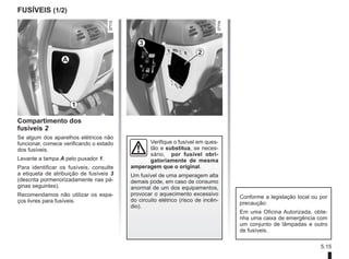 5.15
FUSÍVEIS (1/2)
Compartimento dos
fusíveis 2
Se algum dos aparelhos elétricos não
funcionar, comece verificando o estado
dos fusíveis.
Levante a tampa A pelo puxador 1.
Para identificar os fusíveis, consulte
a etiqueta de atribuição de fusíveis 3
(descrita pormenorizadamente nas pá-
ginas seguintes).
Recomendamos não utilizar os espa-
ços livres para fusíveis.
Verifique o fusível em ques-
tão e substitua, se neces-
sário, por fusível obri-
gatoriamente de mesma
amperagem que o original.
Um fusível de uma amperagem alta
demais pode, em caso de consumo
anormal de um dos equipamentos,
provocar o aquecimento excessivo
do circuito elétrico (risco de incên-
dio).
Conforme a legislação local ou por
precaução:
Em uma Oficina Autorizada, obte-
nha uma caixa de emergência com
um conjunto de lâmpadas e outro
de fusíveis.
A
1
2
3
 
