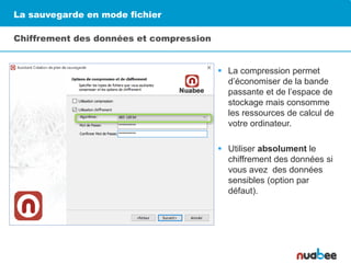 La sauvegarde en mode fichier
Chiffrement des données et compression
 La compression permet
d’économiser de la bande
passante et de l’espace de
stockage mais consomme
les ressources de calcul de
votre ordinateur.
 Utiliser absolument le
chiffrement des données si
vous avez des données
sensibles (option par
défaut).
 