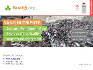 AQUACULTURE

Nualgi.org
NANO NUTRIENTS
- Increase Fish Growth Rate

Amit Khanna

- Improve Water Quality

Marketing Director

- Regenerate Ecosystem

+44 (0) 7931 552 420

amit@nualgi.org

Patented Technology
W: www.nualgi.org
E: sales@nualgi.org
T: 0044 7931 552 420

© 2013 Nualgi.org

 