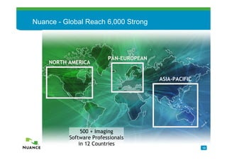 Nuance - Global Reach 6,000 Strong




                         PAN-EUROPEAN
    NORTH AMERICA


                                        ASIA-PACIFIC




               500 + Imaging
          Software Professionals
              in 12 Countries
                                                       13
 