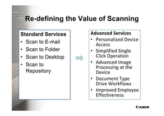 Re-defining the Value of Scanning

Standard Services   Advanced Services
• Scan to E-mail    • Personalized Device
                      Access
• Scan to Folder    • Simplified Single
• Scan to Desktop     Click Operation
• Scan to           • Advanced Image
                      Processing at the
  Repository          Device
                    • Document Type
                      Drive Workflows
                    • Improved Employee
                      Effectiveness
 