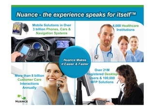 Mobile Solutions in Over                  4,000 Healthcare
           3 billion Phones, Cars &                     Institutions
             Navigation Systems




                                           Over 21M
More than 8 billion                   Registered Desktop
 Customer Care                         Users & 100,000
  Interactions                          MFP Solutions
    Annually



                                                                        6
 