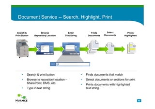 Document Service -- Search, Highlight, Print


 Search &            Browse              Enter              Finds        Select          Prints
Print Button    Repository Location    Text String        Documents    Documents      Highlighted




     •    Search & print button                      •   Finds documents that match
     •    Browse to repository location –            •   Select documents or sections for print
          SharePoint, DMS, etc.                      •   Prints documents with highlighted
     •    Type in text string                            text string



                                                                                                    69
 