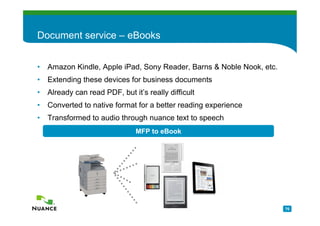 Document service – eBooks


• Amazon Kindle, Apple iPad, Sony Reader, Barns & Noble Nook, etc.
• Extending these devices for business documents
• Already can read PDF, but it’s really difficult
• Converted to native format for a better reading experience
• Transformed to audio through nuance text to speech
                              MFP to eBook




                                                                     70
 