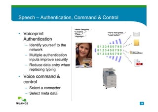 Speech – Authentication, Command & Control

                                “Maria Dengrine…”
                                “e-mail to …”
• Voiceprint                    “Place…”
                                “Highlight…”
                                                        “For e-mail press…”
                                                        “Load button”

  Authentication
   – Identify yourself to the                       0123456790
     network                                        0123456790
   – Multiple authentication                        0123456790
     inputs improve security
   – Reduce data entry when
     replacing typing
• Voice command &
  control
   – Select a connector
   – Select meta data

                                                                              74
 