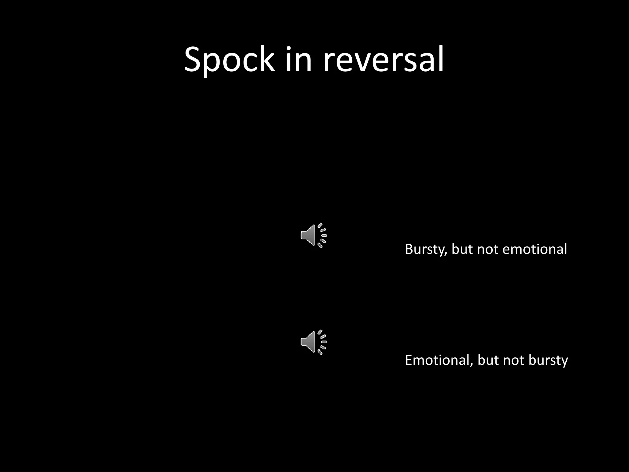 Spock in reversal
Bursty, but not emotional
Emotional, but not bursty
 