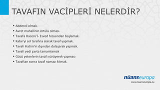 TAVAFIN VACİPLERİ NELERDİR?
• Abdestli olmak.
• Avret mahallinin örtülü olması.
• Tavafa Hacerü’l- Esved hizasından başlamak.
• Kabe’yi sol tarafına alarak tavaf yapmak.
• Tavafı Hatim’in dışından dolaşarak yapmak.
• Tavafı yedi şavta tamamlamak
• Gücü yetenlerin tavafı yürüyerek yapması
• Tavaftan sonra tavaf namazı kılmak.

 