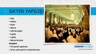 SA’YIN YAPILIŞI
• Safa
• İstilam
• Niyet
• Merve
• Safa’da başlar
• 4 gidiş
• 3 geliş
• Merve’de biter
Vacipleri:
• Yürüyerek yapılması
• Sa’yın yedi şavtının tamamlanması

 