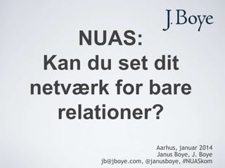 NUAS:
Kan du set dit
netværk for bare
relationer?
Aarhus, januar 2014
Janus Boye, J. Boye
jb@jboye.com, @janusboye, #NUASkom

 