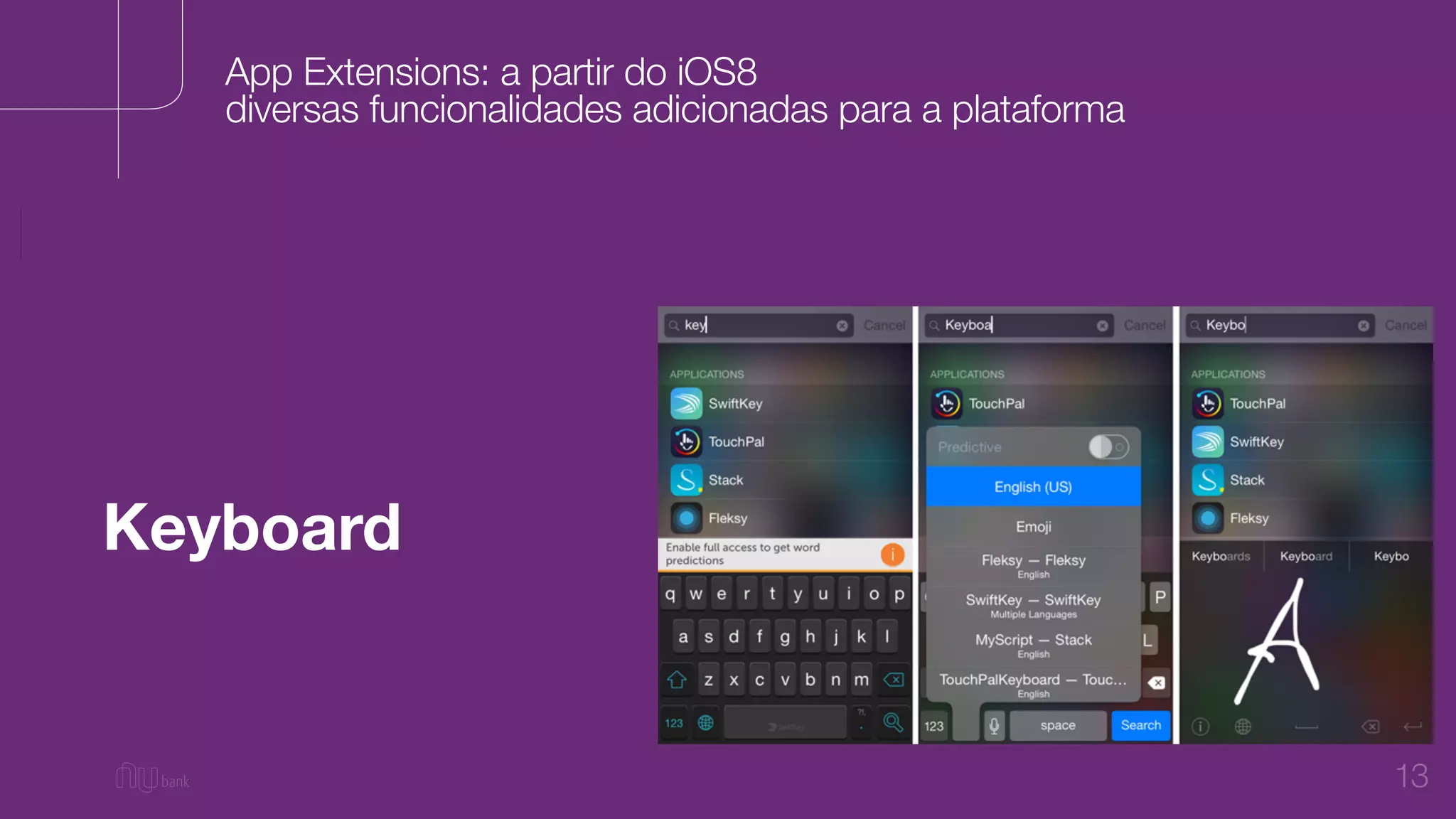 13
Keyboard
App Extensions: a partir do iOS8
diversas funcionalidades adicionadas para a plataforma
 