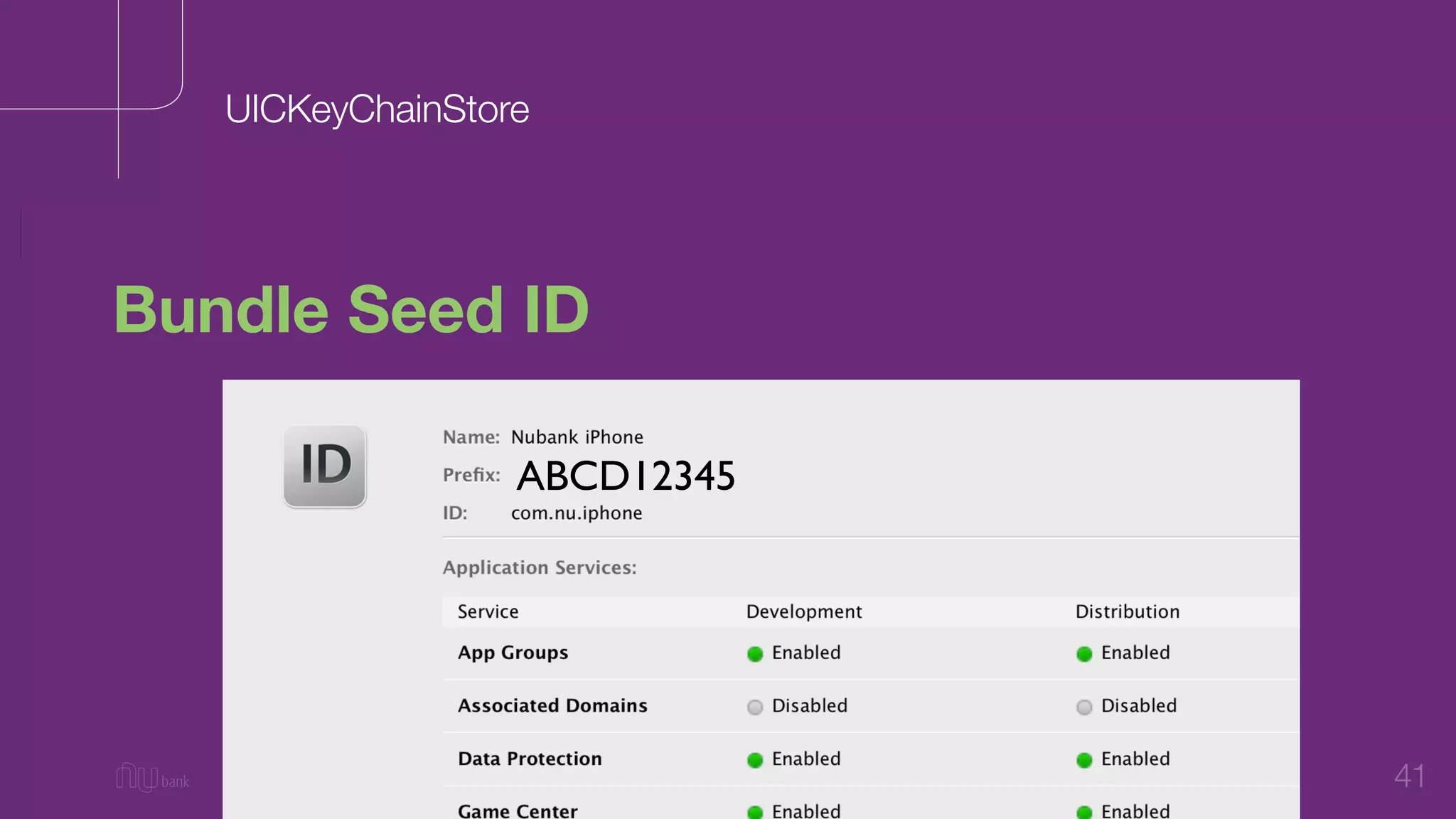 41
Bundle Seed ID
UICKeyChainStore
ABCD12345
 