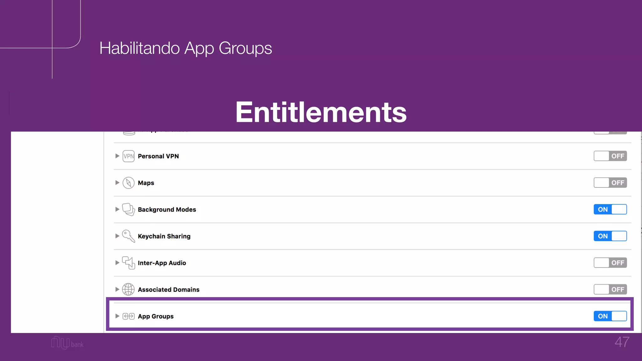 47
Entitlements
Habilitando App Groups
 