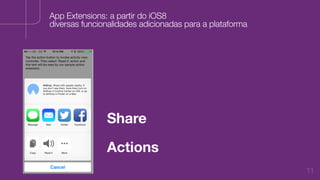 11
App Extensions: a partir do iOS8
diversas funcionalidades adicionadas para a plataforma
Actions
Share
 