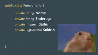 public class Funcionario {
private String Nome;
private String Endereço;
private Integer Idade;
private BigDecimal Salário;
...
}
 