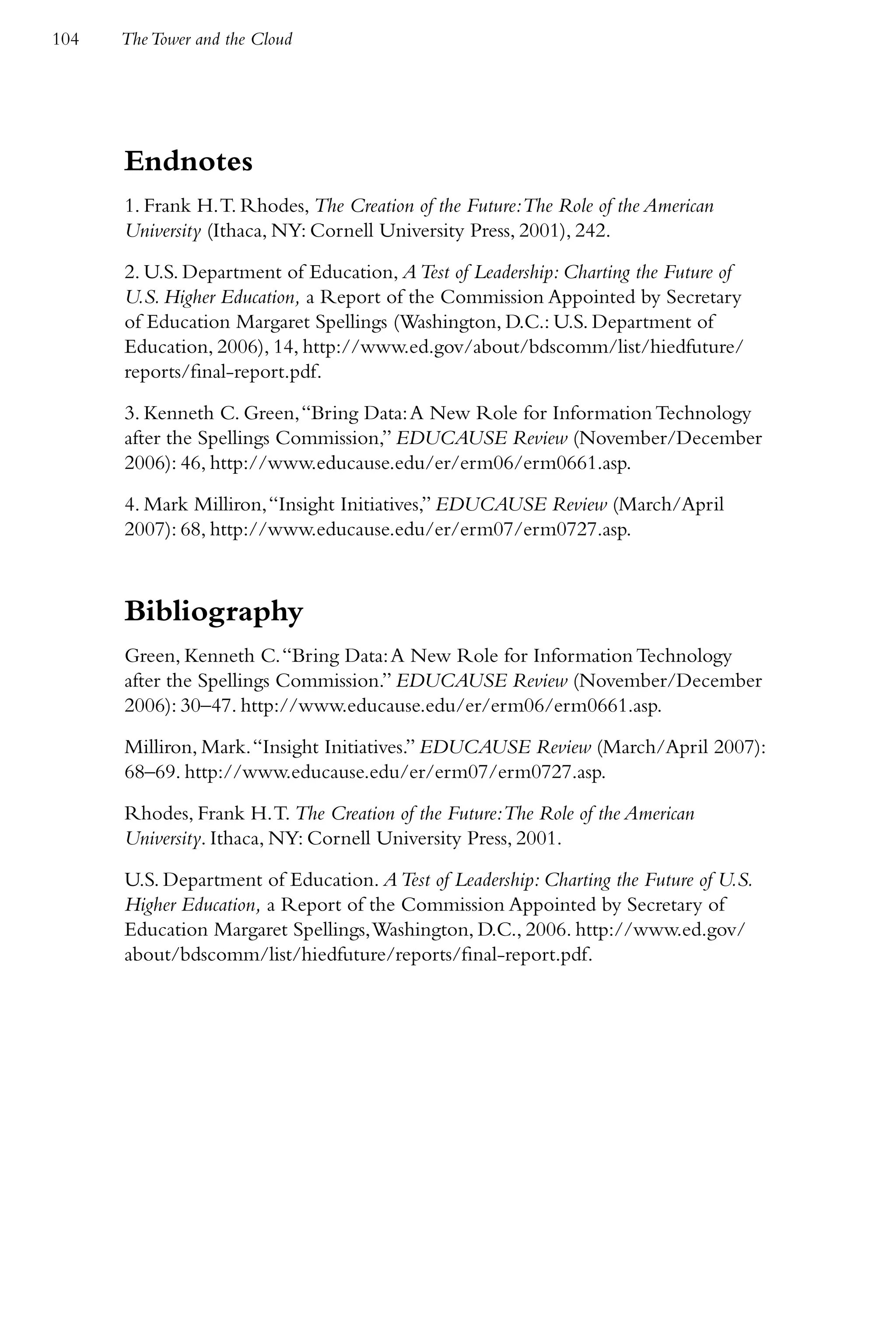 104   The Tower and the Cloud




      Endnotes
      1. Frank H. T. Rhodes, The Creation of the Future:The Role of the American
      University (Ithaca, NY: Cornell University Press, 2001), 242.

      2. U.S. Department of Education, A Test of Leadership: Charting the Future of
      U.S. Higher Education, a Report of the Commission Appointed by Secretary
      of Education Margaret Spellings (Washington, D.C.: U.S. Department of
      Education, 2006), 14, http://www.ed.gov/about/bdscomm/list/hiedfuture/
      reports/final-report.pdf.

      3. Kenneth C. Green, “Bring Data: A New Role for Information Technology
      after the Spellings Commission,” EDUCAUSE Review (November/December
      2006): 46, http://www.educause.edu/er/erm06/erm0661.asp.

      4. Mark Milliron, “Insight Initiatives,” EDUCAUSE Review (March/April
      2007): 68, http://www.educause.edu/er/erm07/erm0727.asp.



      Bibliography
      Green, Kenneth C. “Bring Data: A New Role for Information Technology
      after the Spellings Commission.” EDUCAUSE Review (November/December
      2006): 30–47. http://www.educause.edu/er/erm06/erm0661.asp.

      Milliron, Mark. “Insight Initiatives.” EDUCAUSE Review (March/April 2007):
      68–69. http://www.educause.edu/er/erm07/erm0727.asp.

      Rhodes, Frank H. T. The Creation of the Future:The Role of the American
      University. Ithaca, NY: Cornell University Press, 2001.

      U.S. Department of Education. A Test of Leadership: Charting the Future of U.S.
      Higher Education, a Report of the Commission Appointed by Secretary of
      Education Margaret Spellings, Washington, D.C., 2006. http://www.ed.gov/
      about/bdscomm/list/hiedfuture/reports/final-report.pdf.
 