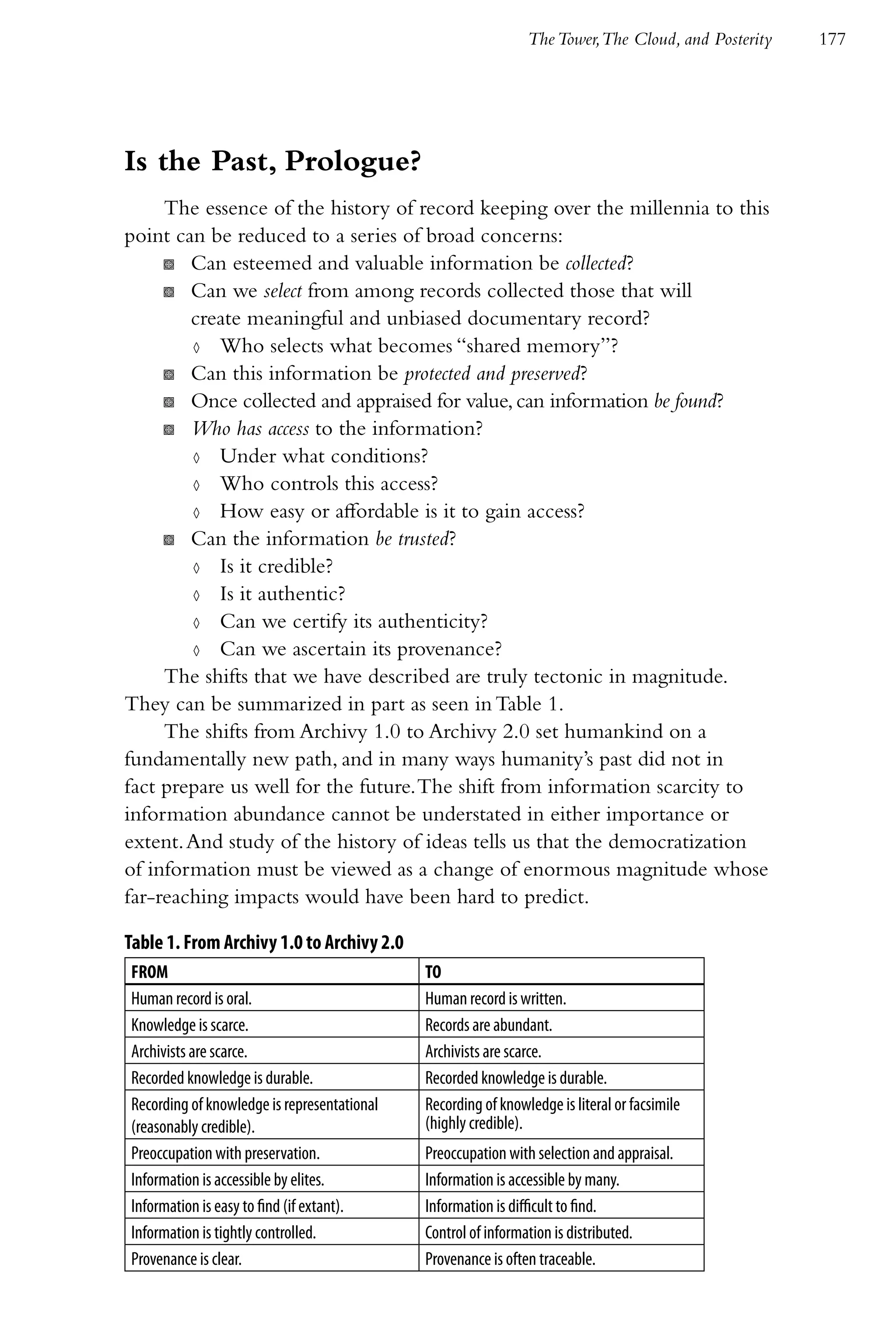 The Tower,The Cloud, and Posterity   177




Is the Past, Prologue?
     The essence of the history of record keeping over the millennia to this
point can be reduced to a series of broad concerns:
     K Can esteemed and valuable information be collected?
     K Can we select from among records collected those that will
        create meaningful and unbiased documentary record?
        ◊ Who selects what becomes “shared memory”?
     K Can this information be protected and preserved?
     K Once collected and appraised for value, can information be found?
     K Who has access to the information?
        ◊ Under what conditions?
        ◊ Who controls this access?
        ◊ How easy or affordable is it to gain access?
     K Can the information be trusted?
        ◊ Is it credible?
        ◊ Is it authentic?
        ◊ Can we certify its authenticity?
        ◊ Can we ascertain its provenance?
     The shifts that we have described are truly tectonic in magnitude.
They can be summarized in part as seen in Table 1.
     The shifts from Archivy 1.0 to Archivy 2.0 set humankind on a
fundamentally new path, and in many ways humanity’s past did not in
fact prepare us well for the future. The shift from information scarcity to
information abundance cannot be understated in either importance or
extent. And study of the history of ideas tells us that the democratization
of information must be viewed as a change of enormous magnitude whose
far-reaching impacts would have been hard to predict.

Table 1. From Archivy 1.0 to Archivy 2.0
FROM                                         TO
Human record is oral.                        Human record is written.
Knowledge is scarce.                         Records are abundant.
Archivists are scarce.                       Archivists are scarce.
Recorded knowledge is durable.               Recorded knowledge is durable.
Recording of knowledge is representational   Recording of knowledge is literal or facsimile
(reasonably credible).                       (highly credible).
Preoccupation with preservation.             Preoccupation with selection and appraisal.
Information is accessible by elites.         Information is accessible by many.
Information is easy to find (if extant).     Information is difficult to find.
Information is tightly controlled.           Control of information is distributed.
Provenance is clear.                         Provenance is often traceable.
 