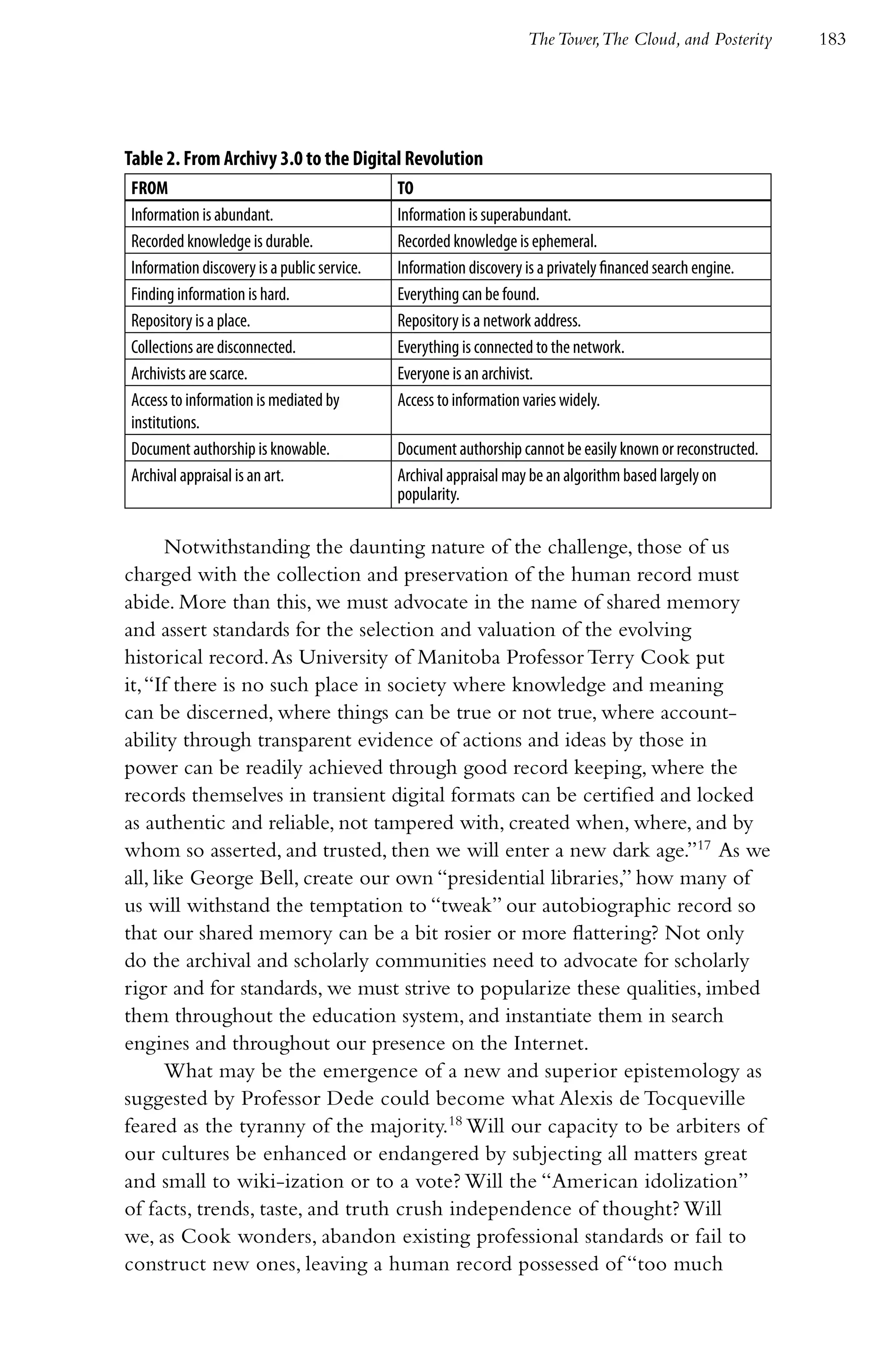 The Tower,The Cloud, and Posterity      183




Table 2. From Archivy 3.0 to the Digital Revolution
FROM                                         TO
Information is abundant.                     Information is superabundant.
Recorded knowledge is durable.               Recorded knowledge is ephemeral.
Information discovery is a public service.   Information discovery is a privately financed search engine.
Finding information is hard.                 Everything can be found.
Repository is a place.                       Repository is a network address.
Collections are disconnected.                Everything is connected to the network.
Archivists are scarce.                       Everyone is an archivist.
Access to information is mediated by         Access to information varies widely.
institutions.
Document authorship is knowable.             Document authorship cannot be easily known or reconstructed.
Archival appraisal is an art.                Archival appraisal may be an algorithm based largely on
                                             popularity.

       Notwithstanding the daunting nature of the challenge, those of us
charged with the collection and preservation of the human record must
abide. More than this, we must advocate in the name of shared memory
and assert standards for the selection and valuation of the evolving
historical record. As University of Manitoba Professor Terry Cook put
it, “If there is no such place in society where knowledge and meaning
can be discerned, where things can be true or not true, where account-
ability through transparent evidence of actions and ideas by those in
power can be readily achieved through good record keeping, where the
records themselves in transient digital formats can be certified and locked
as authentic and reliable, not tampered with, created when, where, and by
whom so asserted, and trusted, then we will enter a new dark age.”17 As we
all, like George Bell, create our own “presidential libraries,” how many of
us will withstand the temptation to “tweak” our autobiographic record so
that our shared memory can be a bit rosier or more flattering? Not only
do the archival and scholarly communities need to advocate for scholarly
rigor and for standards, we must strive to popularize these qualities, imbed
them throughout the education system, and instantiate them in search
engines and throughout our presence on the Internet.
       What may be the emergence of a new and superior epistemology as
suggested by Professor Dede could become what Alexis de Tocqueville
feared as the tyranny of the majority.18 Will our capacity to be arbiters of
our cultures be enhanced or endangered by subjecting all matters great
and small to wiki-ization or to a vote? Will the “American idolization”
of facts, trends, taste, and truth crush independence of thought? Will
we, as Cook wonders, abandon existing professional standards or fail to
construct new ones, leaving a human record possessed of “too much
 
