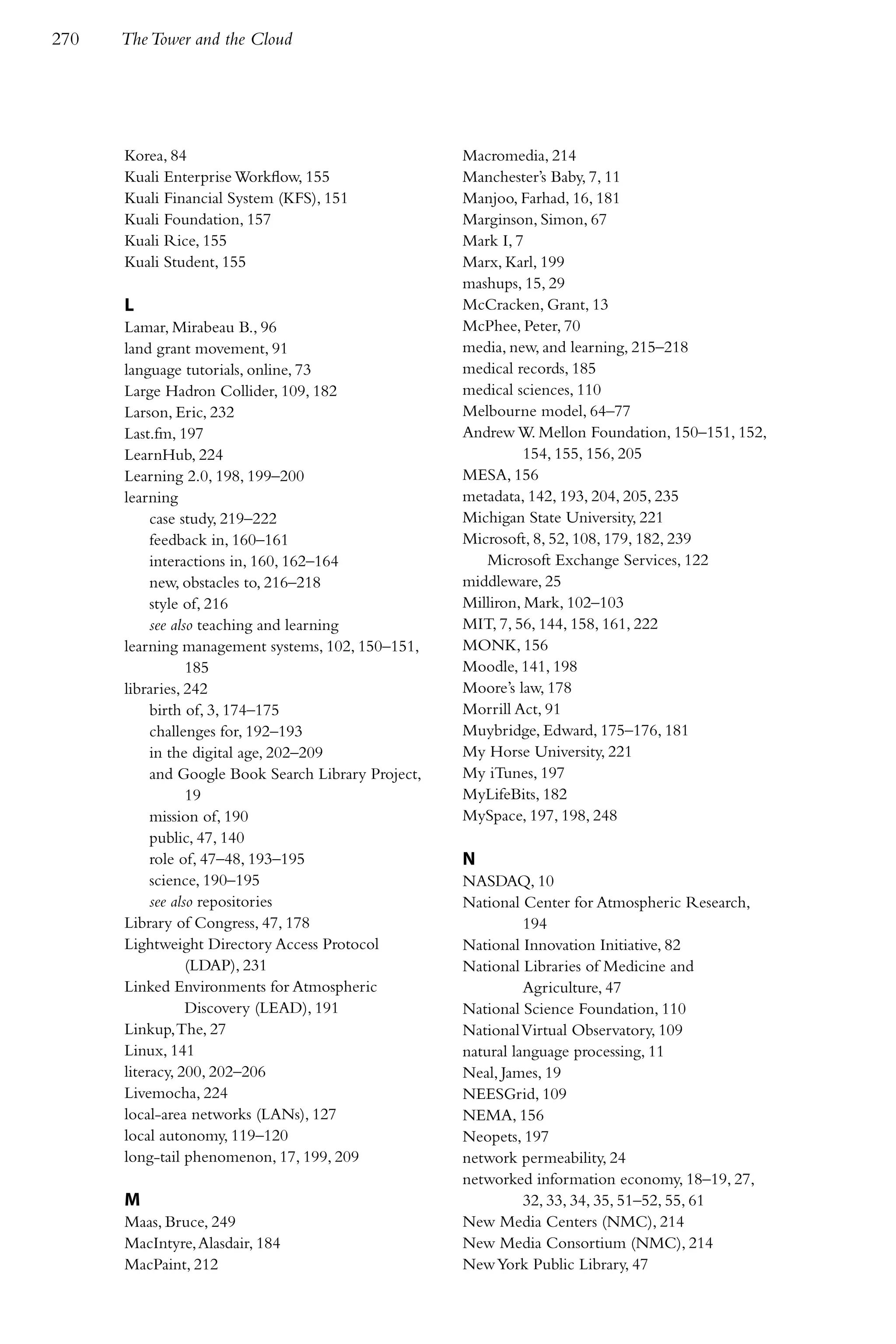 270   The Tower and the Cloud




      Korea, 84                                      Macromedia, 214
      Kuali Enterprise Workflow, 155                 Manchester’s Baby, 7, 11
      Kuali Financial System (KFS), 151              Manjoo, Farhad, 16, 181
      Kuali Foundation, 157                          Marginson, Simon, 67
      Kuali Rice, 155                                Mark I, 7
      Kuali Student, 155                             Marx, Karl, 199
                                                     mashups, 15, 29
      L                                              McCracken, Grant, 13
      Lamar, Mirabeau B., 96                         McPhee, Peter, 70
      land grant movement, 91                        media, new, and learning, 215–218
      language tutorials, online, 73                 medical records, 185
      Large Hadron Collider, 109, 182                medical sciences, 110
      Larson, Eric, 232                              Melbourne model, 64–77
      Last.fm, 197                                   Andrew W. Mellon Foundation, 150–151, 152,
      LearnHub, 224                                            154, 155, 156, 205
      Learning 2.0, 198, 199–200                     MESA, 156
      learning                                       metadata, 142, 193, 204, 205, 235
           case study, 219–222                       Michigan State University, 221
           feedback in, 160–161                      Microsoft, 8, 52, 108, 179, 182, 239
           interactions in, 160, 162–164                Microsoft Exchange Services, 122
           new, obstacles to, 216–218                middleware, 25
           style of, 216                             Milliron, Mark, 102–103
           see also teaching and learning            MIT, 7, 56, 144, 158, 161, 222
      learning management systems, 102, 150–151,     MONK, 156
                  185                                Moodle, 141, 198
      libraries, 242                                 Moore’s law, 178
           birth of, 3, 174–175                      Morrill Act, 91
           challenges for, 192–193                   Muybridge, Edward, 175–176, 181
           in the digital age, 202–209               My Horse University, 221
           and Google Book Search Library Project,   My iTunes, 197
                  19                                 MyLifeBits, 182
           mission of, 190                           MySpace, 197, 198, 248
           public, 47, 140
           role of, 47–48, 193–195                   N
           science, 190–195                          NASDAQ, 10
           see also repositories                     National Center for Atmospheric Research,
      Library of Congress, 47, 178                             194
      Lightweight Directory Access Protocol          National Innovation Initiative, 82
                  (LDAP), 231                        National Libraries of Medicine and
      Linked Environments for Atmospheric                      Agriculture, 47
                  Discovery (LEAD), 191              National Science Foundation, 110
      Linkup, The, 27                                National Virtual Observatory, 109
      Linux, 141                                     natural language processing, 11
      literacy, 200, 202–206                         Neal, James, 19
      Livemocha, 224                                 NEESGrid, 109
      local-area networks (LANs), 127                NEMA, 156
      local autonomy, 119–120                        Neopets, 197
      long-tail phenomenon, 17, 199, 209             network permeability, 24
                                                     networked information economy, 18–19, 27,
      M                                                        32, 33, 34, 35, 51–52, 55, 61
      Maas, Bruce, 249                               New Media Centers (NMC), 214
      MacIntyre, Alasdair, 184                       New Media Consortium (NMC), 214
      MacPaint, 212                                  New York Public Library, 47
 