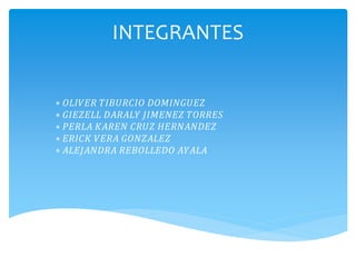 INTEGRANTES 
∗ 푂퐿퐼푉퐸푅 푇퐼퐵푈푅퐶퐼푂 퐷푂푀퐼푁퐺푈퐸푍 
∗ 퐺퐼퐸푍퐸퐿퐿 퐷퐴푅퐴퐿푌 퐽퐼푀퐸푁퐸푍 푇푂푅푅퐸푆 
∗ 푃퐸푅퐿퐴 퐾퐴푅퐸푁 퐶푅푈푍 퐻퐸푅푁퐴푁퐷퐸푍 
∗ 퐸푅퐼퐶퐾 푉퐸푅퐴 퐺푂푁푍퐴퐿퐸푍 
∗ 퐴퐿퐸퐽퐴푁퐷푅퐴 푅퐸퐵푂퐿퐿퐸퐷푂 퐴푌퐴퐿퐴 
 