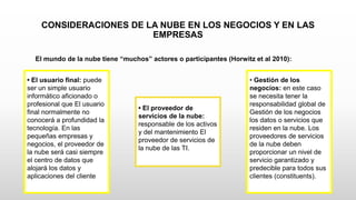 CONSIDERACIONES DE LA NUBE EN LOS NEGOCIOS Y EN LAS
EMPRESAS
El mundo de la nube tiene “muchos” actores o participantes (Horwitz et al 2010):
• El usuario final: puede
ser un simple usuario
informático aficionado o
profesional que El usuario
final normalmente no
conocerá a profundidad la
tecnología. En las
pequeñas empresas y
negocios, el proveedor de
la nube será casi siempre
el centro de datos que
alojará los datos y
aplicaciones del cliente
• Gestión de los
negocios: en este caso
se necesita tener la
responsabilidad global de
Gestión de los negocios
los datos o servicios que
residen en la nube. Los
proveedores de servicios
de la nube deben
proporcionar un nivel de
servicio garantizado y
predecible para todos sus
clientes (constituents).
• El proveedor de
servicios de la nube:
responsable de los activos
y del mantenimiento El
proveedor de servicios de
la nube de las TI.
 