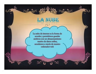 La nube de internet es la forma de
acceder y permitirnos guardar
archivos con un almacenamiento
masivo de datos online,
accedemos a través de nuestro
ordenador web
La nube de internet es la forma de
acceder y permitirnos guardar
archivos con un almacenamiento
masivo de datos online,
accedemos a través de nuestro
ordenador web
 