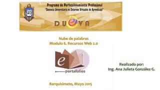 Nube de palabras
Modulo 6. Recursos Web 2.0
Barquisimeto, Mayo 2015
Realizado por:
Ing. Ana Julieta González G.
 