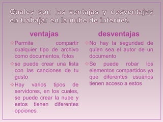 ventajas
Permite compartir
cualquier tipo de archivo
como documentos, fotos
se puede crear una lista
con las canciones de tu
gusto
Hay varios tipos de
servidores, en los cuales,
se puede crear la nube y
estos tienen diferentes
opciones.
desventajas
No hay la seguridad de
quien sea el autor de un
documento
Se puede robar los
elementos compartidos ya
que diferentes usuarios
tienen acceso a estos
 