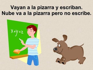 Vayan a la pizarra y escriban. Nube va a la pizarra pero no escribe . 