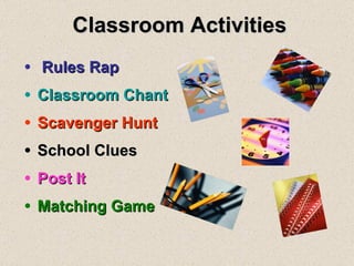 Classroom Activities Rules Rap Classroom Chant Scavenger Hunt School Clues Post It Matching Game 