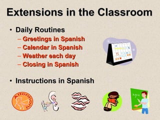 Extensions in the Classroom Daily Routines Greetings in Spanish Calendar in Spanish Weather each day Closing in Spanish Instructions in Spanish 