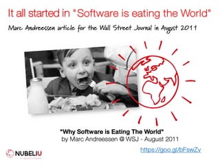 It all started in "Software is eating the World"
"Why Software is Eating The World"
by Marc Andreessen @ WSJ - August 2011
https://goo.gl/bFswZv
Marc Andreessen article for the Wall Street Journal in August 2011
 