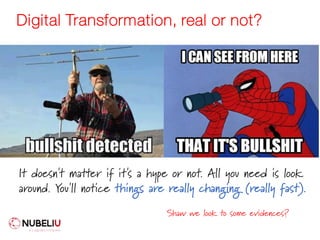 Digital Transformation, real or not?
It doesn't matter if it's a hype or not. All you need is look
around. You'll notice things are really changing (really fast).
Shaw we look to some evidences?
 