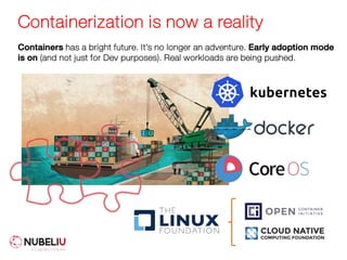 Containerization is now a reality
Containers has a bright future. It’s no longer an adventure. Early adoption mode
is on (and not just for Dev purposes). Real workloads are being pushed.
 