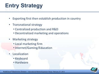 Entry Strategy

        • Exporting first then establish production in country
        • Transnational strategy
          • Centralized production and R&D
          • Decentralized marketing and operations
        • Marketing strategy
          • Local marketing firm
          • Internet/Gaming/Education
        • Localization
          • Keyboard
          • Hardware

NUBEStech® Electronics Division - International Market Expansion Study, February 27, 2012
 
