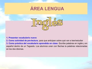 ÁREA LENGUA




1. Presentar vocabulario nuevo
2. Como actividad de pre-lectura, para que anticipen sobre qué van a leer/estudiar
3. Como práctica del vocabulario aprendido en clase. Escribe palabras en inglés y en
español dentro de un Tagxedo. Los alumnos unen con flechas la palabras relacionadas
en los dos idiomas.
 