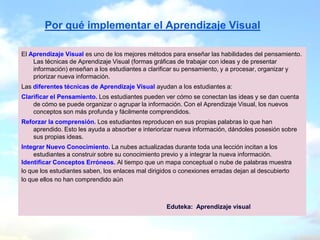 Por qué implementar el Aprendizaje Visual

El Aprendizaje Visual es uno de los mejores métodos para enseñar las habilidades del pensamiento.
    Las técnicas de Aprendizaje Visual (formas gráficas de trabajar con ideas y de presentar
    información) enseñan a los estudiantes a clarificar su pensamiento, y a procesar, organizar y
    priorizar nueva información.
Las diferentes técnicas de Aprendizaje Visual ayudan a los estudiantes a:
Clarificar el Pensamiento. Los estudiantes pueden ver cómo se conectan las ideas y se dan cuenta
    de cómo se puede organizar o agrupar la información. Con el Aprendizaje Visual, los nuevos
    conceptos son más profunda y fácilmente comprendidos.
Reforzar la comprensión. Los estudiantes reproducen en sus propias palabras lo que han
    aprendido. Esto les ayuda a absorber e interiorizar nueva información, dándoles posesión sobre
    sus propias ideas.
Integrar Nuevo Conocimiento. La nubes actualizadas durante toda una lección incitan a los
     estudiantes a construir sobre su conocimiento previo y a integrar la nueva información.
Identificar Conceptos Erróneos. Al tiempo que un mapa conceptual o nube de palabras muestra
lo que los estudiantes saben, los enlaces mal dirigidos o conexiones erradas dejan al descubierto
lo que ellos no han comprendido aún



                                                    Eduteka: Aprendizaje visual
 