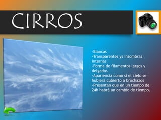 CIRROS
-Blancas
-Transparentes ys insombras
internas
-Forma de filamentos largos y
delgados
-Apariencia como si el cielo se
hubiera cubierto a brochazos
-Presentan que en un tiempo de
24h habrá un cambio de tiempo.
 
