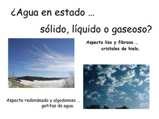 Aspecto liso y fibroso …   cristales de hielo. ¿Agua en estado … sólido, líquido o gaseoso? Aspecto redondeado y algodonos...