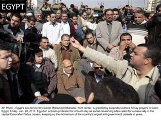 AP Photo - Egypt's pro-democracy leader Mohamed ElBaradei, front center, is greeted by supporters before Friday prayers in...