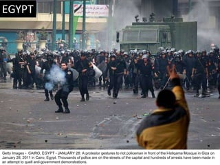 Getty Images -  CAIRO, EGYPT - JANUARY 28: A protestor gestures to riot policeman in front of the l-Istiqama Mosque in Giz...