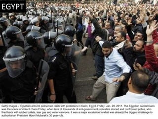 Getty Images -  Egyptian anti-riot policemen clash with protesters in Cairo, Egypt, Friday, Jan. 28, 2011. The Egyptian ca...