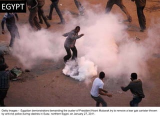 Getty Images -  Egyptian demonstrators demanding the ouster of President Hosni Mubarak try to remove a tear gas canister t...