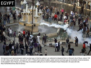 Anti-government demonstrators watch as tear gas is fired by police in an attempt to disperse them in the port city of Suez...